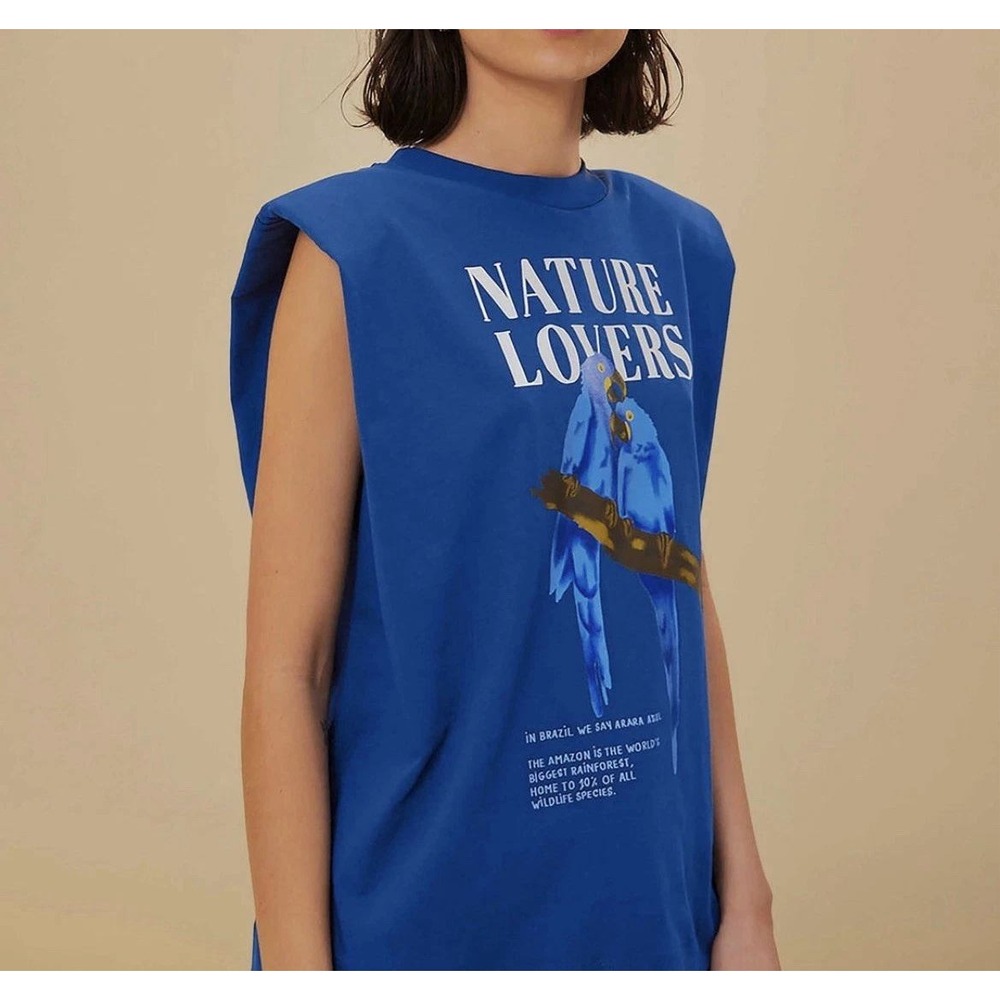 Farm Rio Nature Lovers Organic Cotton Blue Macaw Shoulder Pad Muscle Tee NWT XS